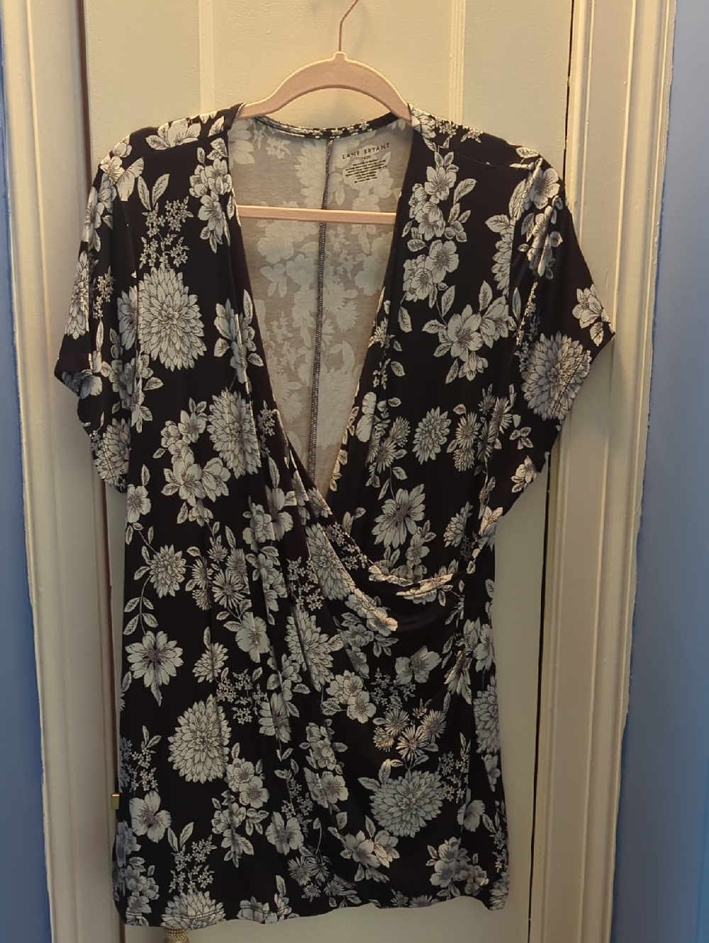 Lane Bryant Black Floral Wrap Top with White Flower Print
